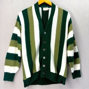Vtg 60s Brent Montgomery Ward Cardigan Sweater Men S Green Striped Mohair Wool